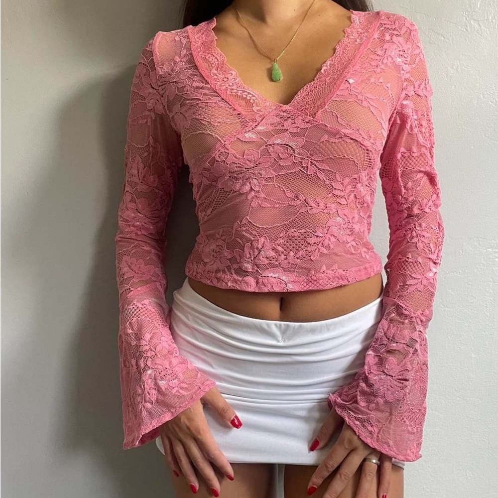 Pink Lace Flare Sleeve Top Princess Polly 🎀